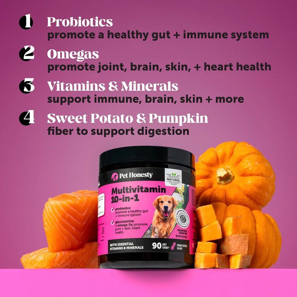 10-In-1 Dog Multivitamin Supplement with Glucosamine & Probiotics - Hip & Joint Support, Digestive Health, Immune Support, Heart & Skin - All-In-One Daily Vitamins & Omega-3S for Dogs (Chicken, 90 Ct)
