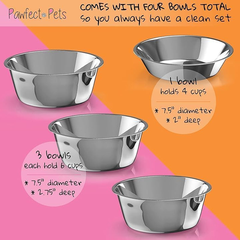 Elevated Dog Bowl Stand- 7" Raised Pet Feeder for Medium Dogs with Four Stainless Steel Bowls.