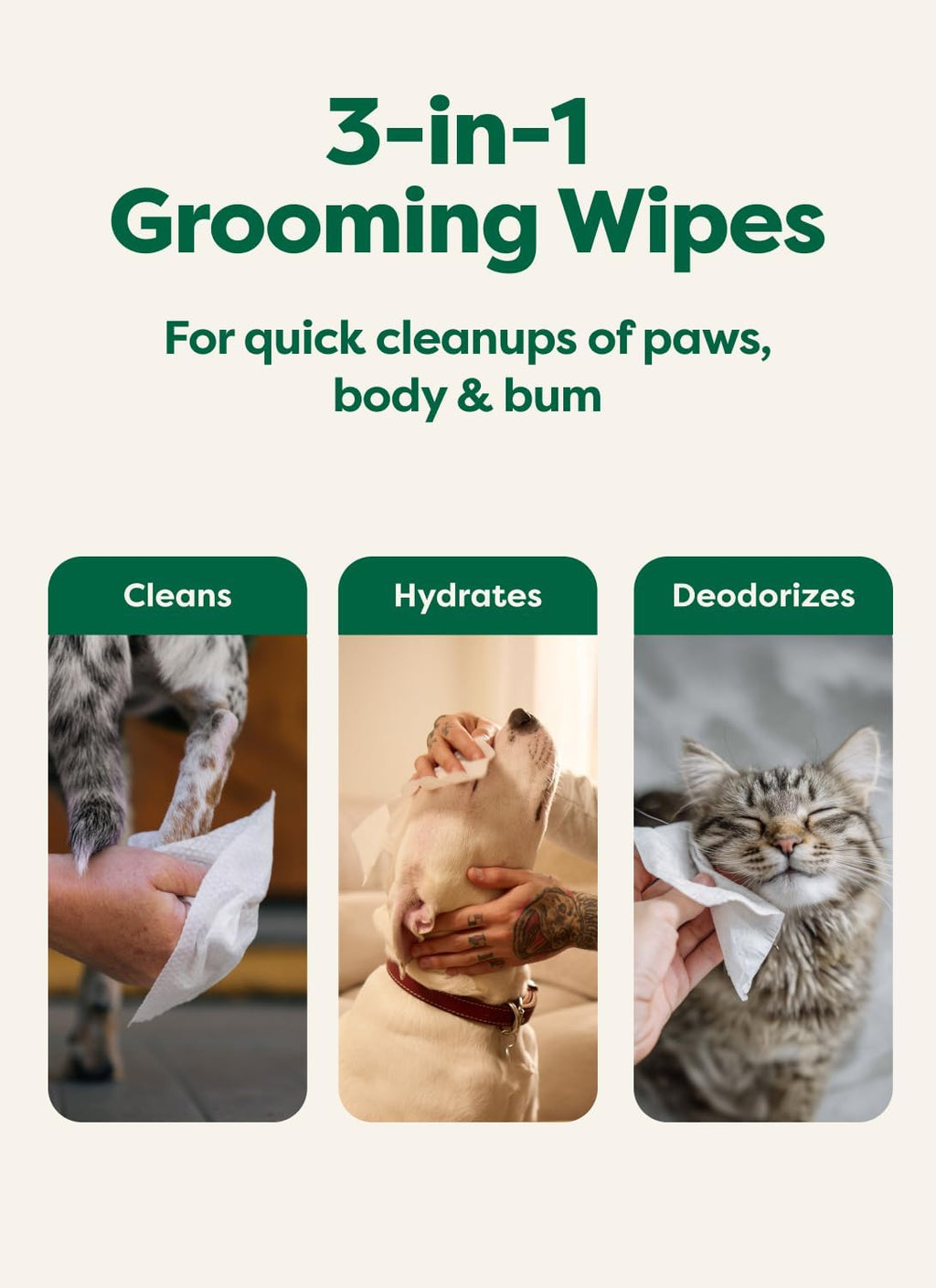 Pet Wipes for Dogs and Cats, Hypoallergenic, 3-In-1 Cleaning, Deodorizing and Hydrating, for Grooming Paws, Body and Butt, New White Tea and Basil Scent, 100 Count