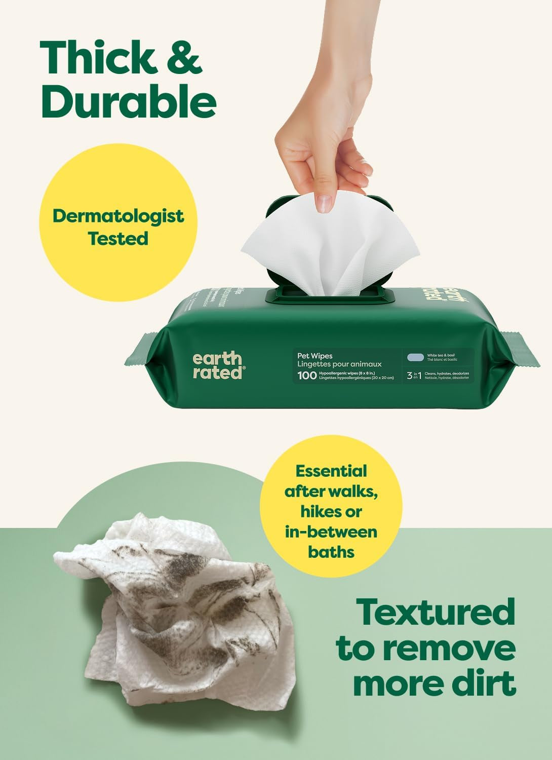 Pet Wipes for Dogs and Cats, Hypoallergenic, 3-In-1 Cleaning, Deodorizing and Hydrating, for Grooming Paws, Body and Butt, New White Tea and Basil Scent, 100 Count