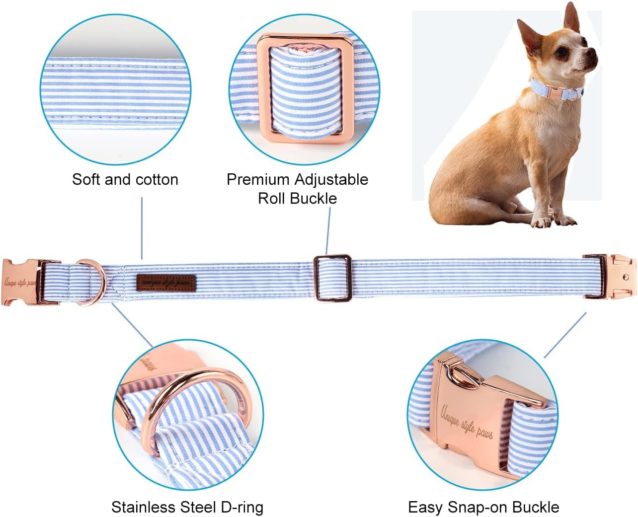 Dog Collar Metal Buckle Blue Stripe Collar Gift Durable Cute Collar for Small Medium Large Boys Girls Dogs