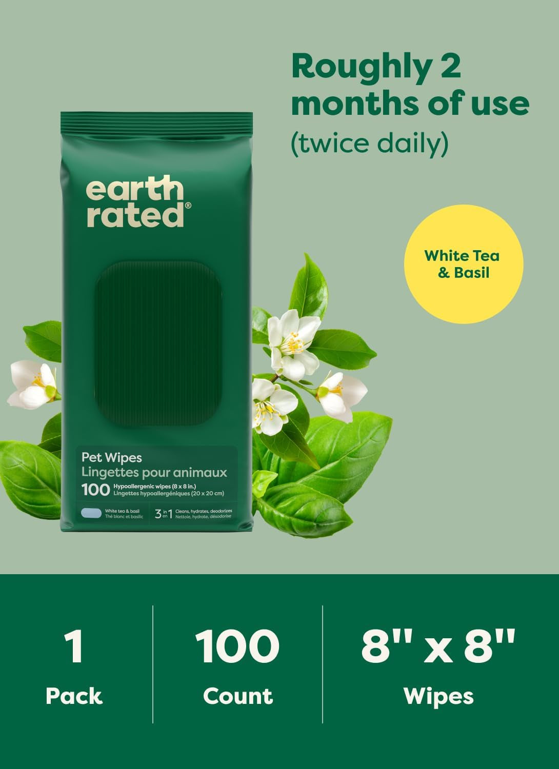 Pet Wipes for Dogs and Cats, Hypoallergenic, 3-In-1 Cleaning, Deodorizing and Hydrating, for Grooming Paws, Body and Butt, New White Tea and Basil Scent, 100 Count