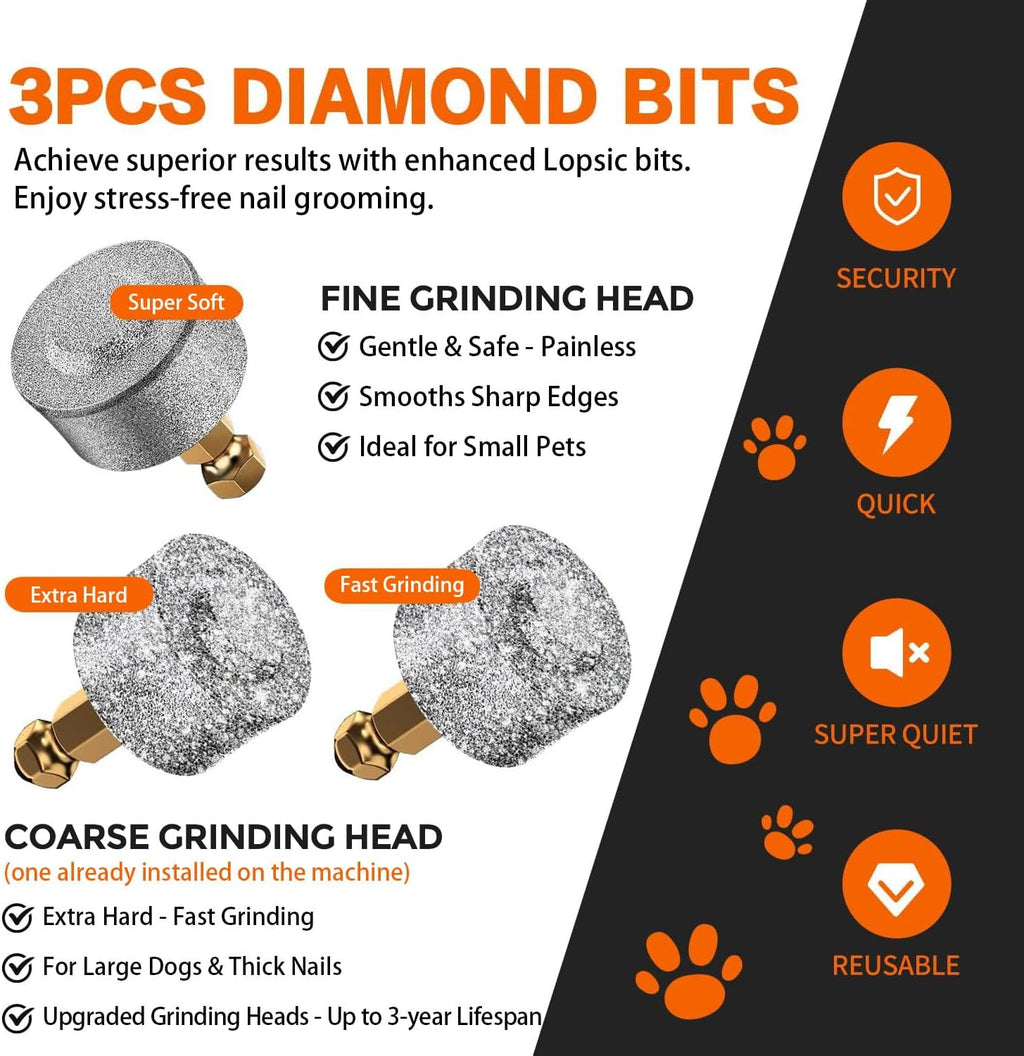 Whisper Quiet Dog Nail Grinder with 4 LED Lights, Safe & Stress-Free for Sensitive Dogs Cats of All Breeds & Sizes, 3 Grinding Bits, 3-Speed, Pet Nail Trimmers, Rechargeable Painless Grooming Kit