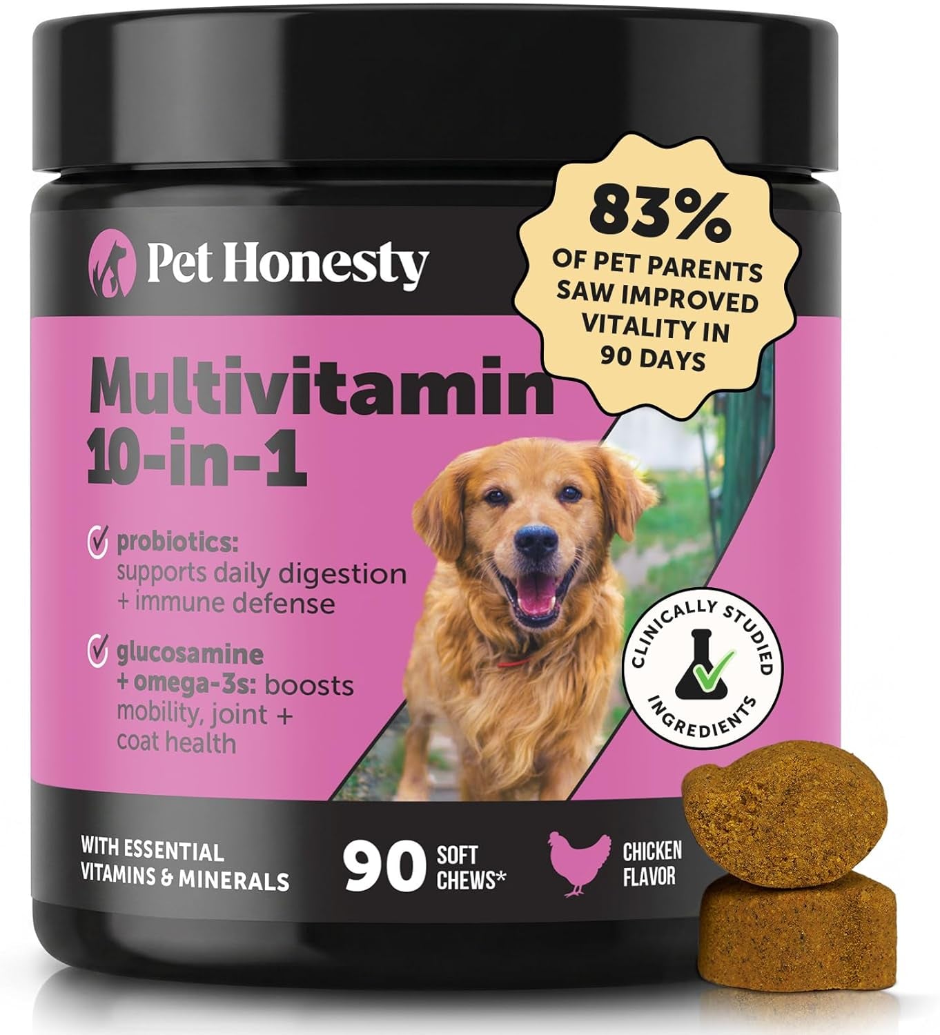 10-In-1 Dog Multivitamin Supplement with Glucosamine & Probiotics - Hip & Joint Support, Digestive Health, Immune Support, Heart & Skin - All-In-One Daily Vitamins & Omega-3S for Dogs (Chicken, 90 Ct)